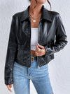Cropped Black Vegan Leather Jacket with Wide Collar and Chest Pocket