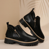 Chunky Sole Black Vegan Leather Ankle Boots with Diagonal Gold Zip Detail
