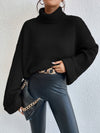 Oversized Black Turtleneck Sweater in Chunky Waffle Knit Texture