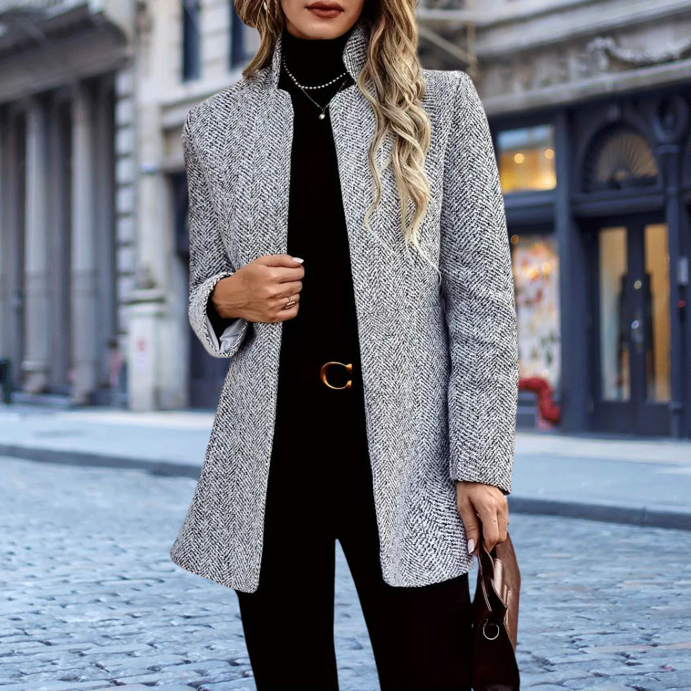 Blazer élégant texturé pour femme, avec col montant et coupe portefeuille