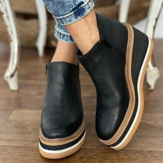 Women's Wedge Ankle Boots with Striped Platform Sole and Side Zip Fastening