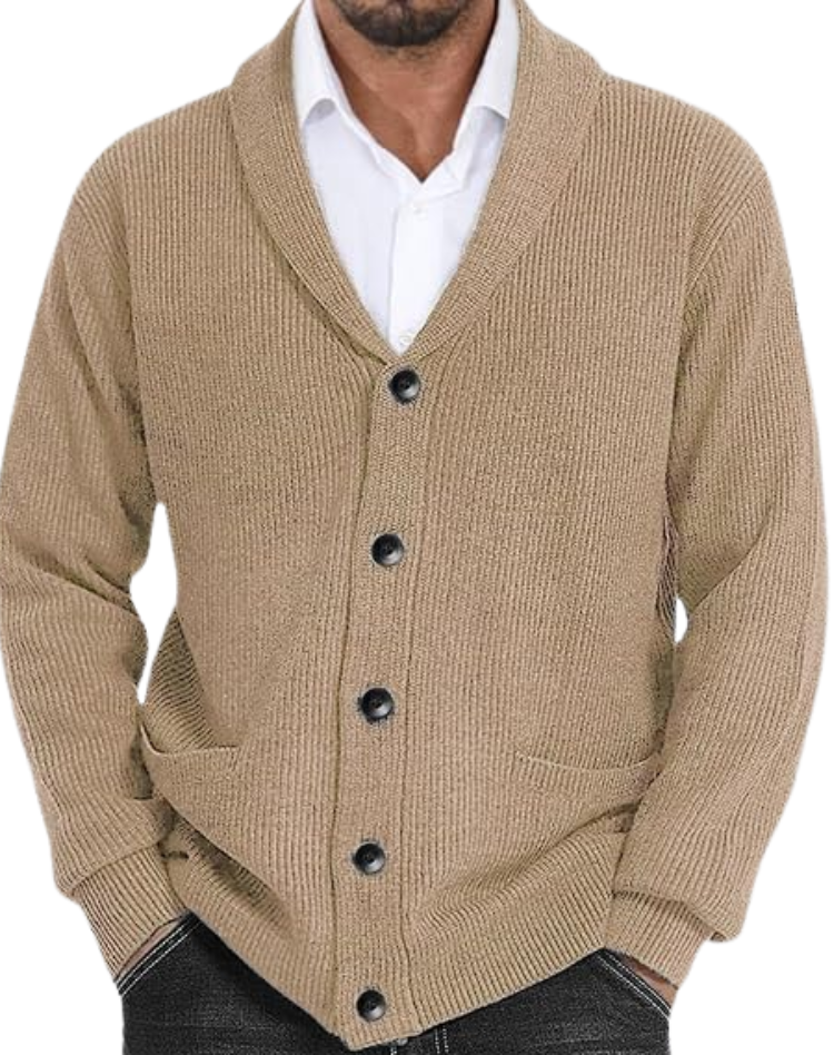 Cardigan tricoté pour homme à col châle, fermeture boutonnée et poches