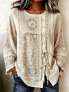 Blouse beige à manches longues avec bordure à franges en dentelle florale, col rond, en mélange de lin doux, pour le printemps et l’automne
