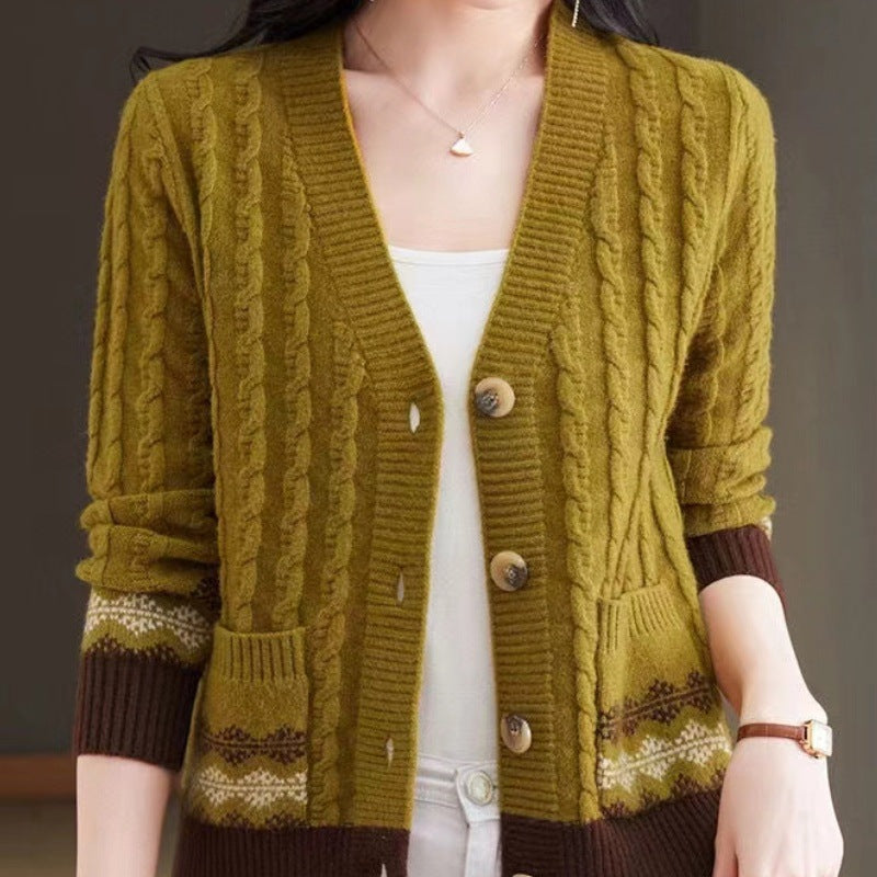 Pihe-puha kábelkötésű kardigán vintage Fair Isle szegéllyel és elegáns V-nyakkivágással