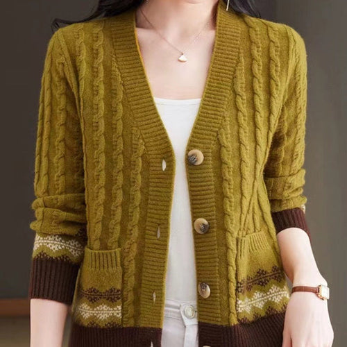 Cardigan douillet en maille torsadée avec bordure Fair Isle vintage et élégant col en V