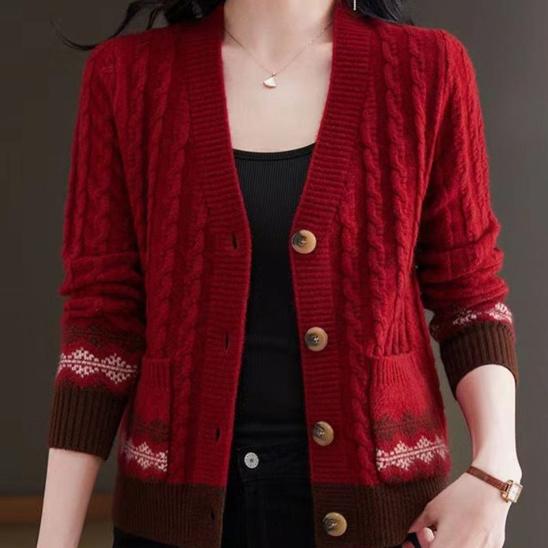 Pihe-puha kábelkötésű kardigán vintage Fair Isle szegéllyel és elegáns V-nyakkivágással