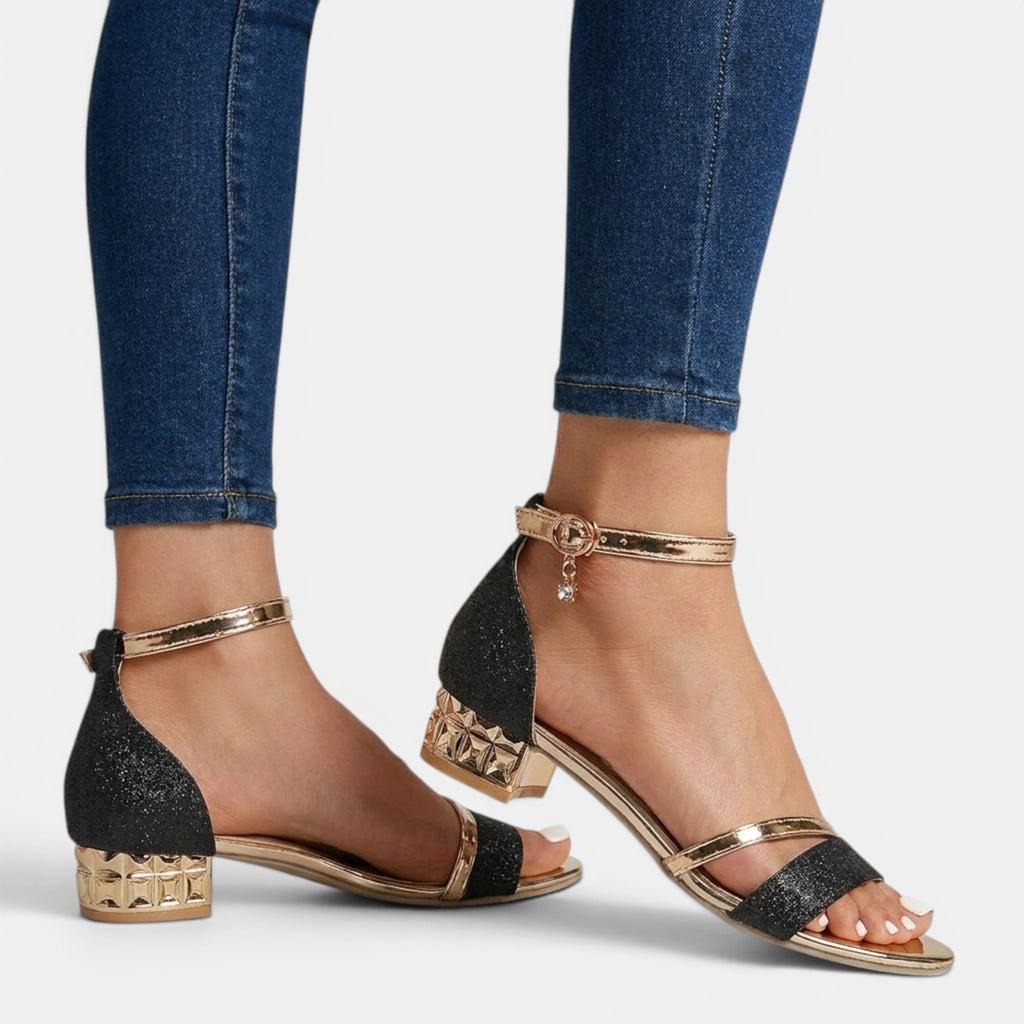 Glitter Block Heel Sandals with Metallic Trim and Embellished Ankle Strap