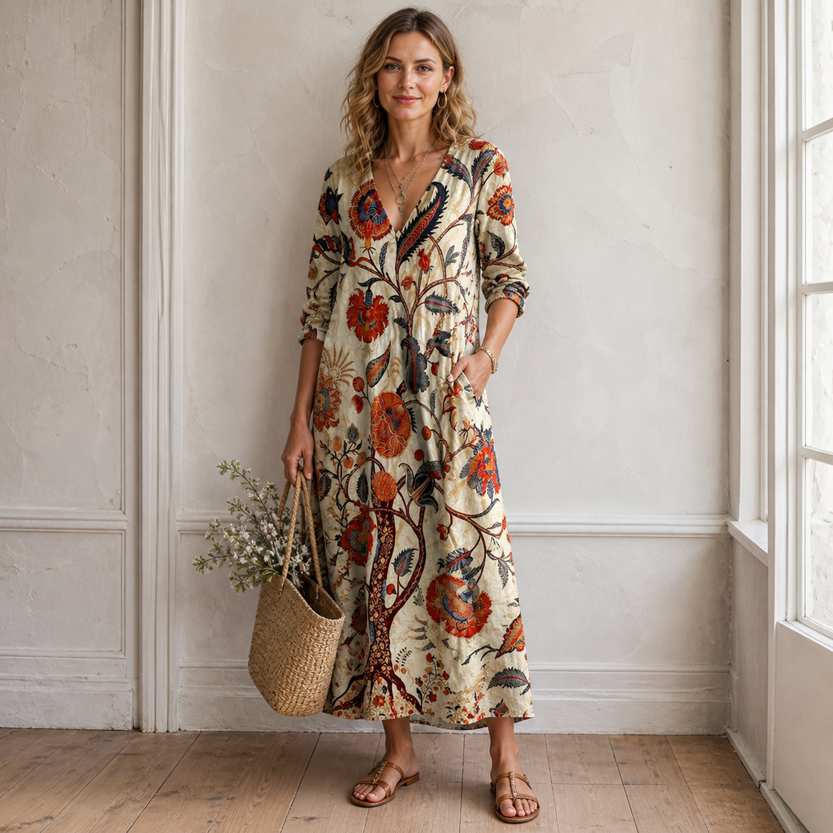 Women's Bohemian Floral Maxi Dress Linen Style