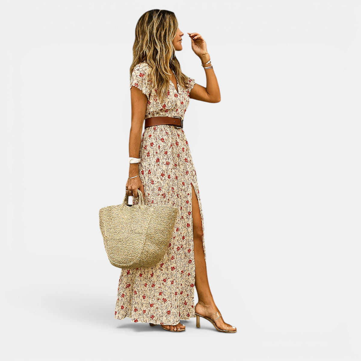 Women's Boho Maxi Dress Short Sleeve Belted Dress