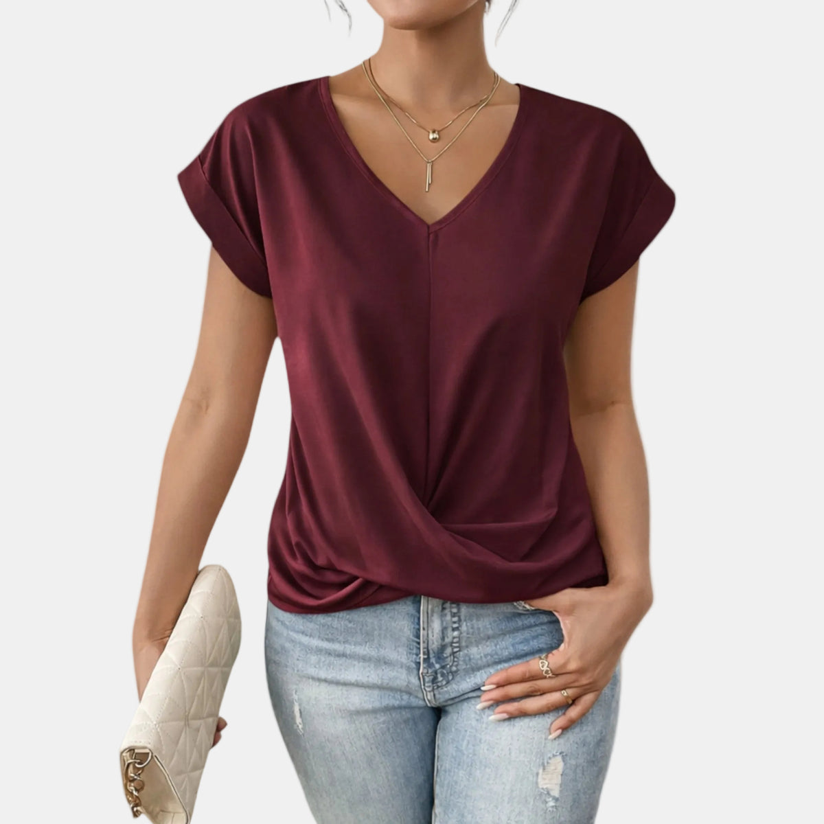 Blouse à col en V avec torsade devant pour femme, élégance décontractée