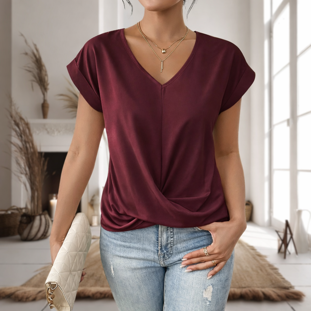 Blouse à col en V avec torsade devant pour femme, élégance décontractée