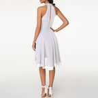 Élégante robe midi dos nu avec jupe en mousseline superposée et taille froncée