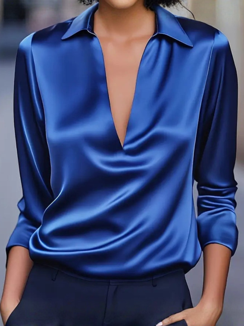 Collared V-Neck Blouse for Women with Long Sleeves and Smooth Finish
