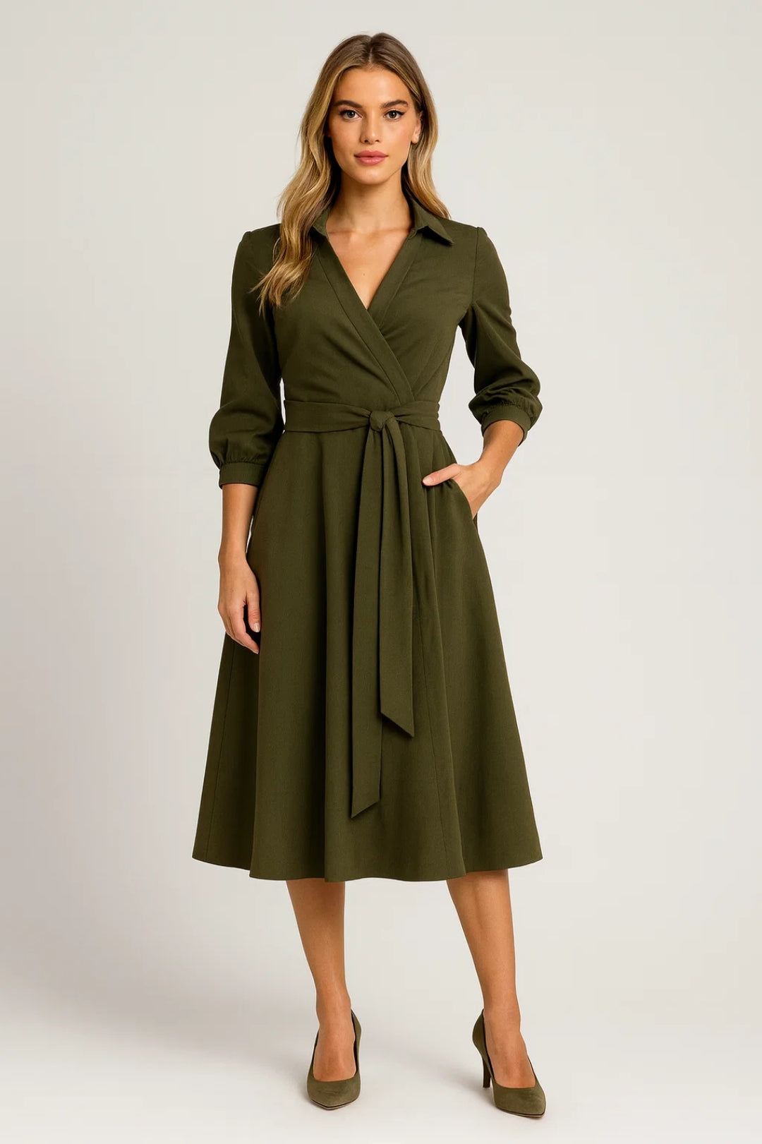 Robe midi portefeuille élégante pour femme avec ceinture et col chemise