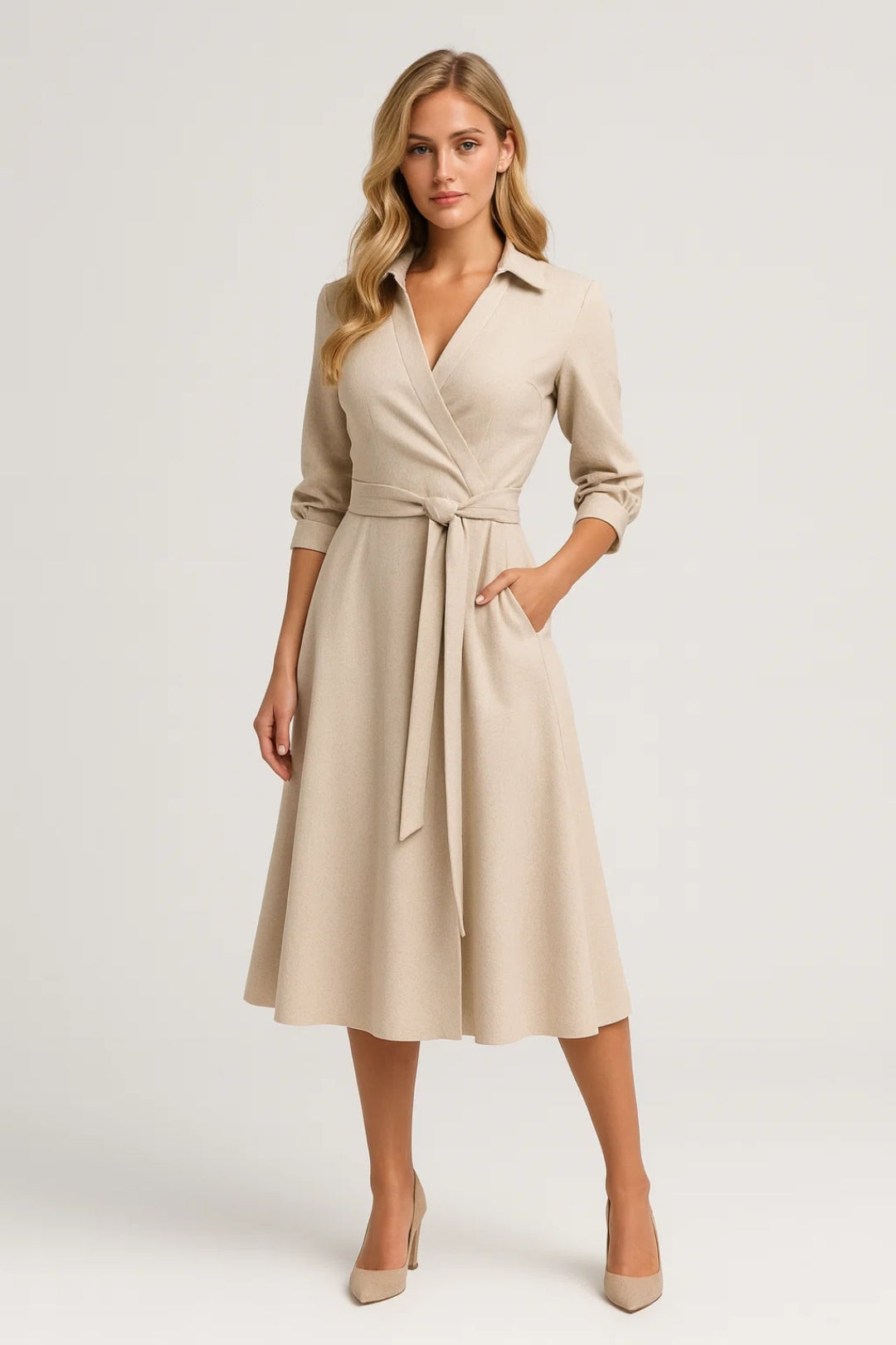 Robe midi portefeuille élégante pour femme avec ceinture et col chemise