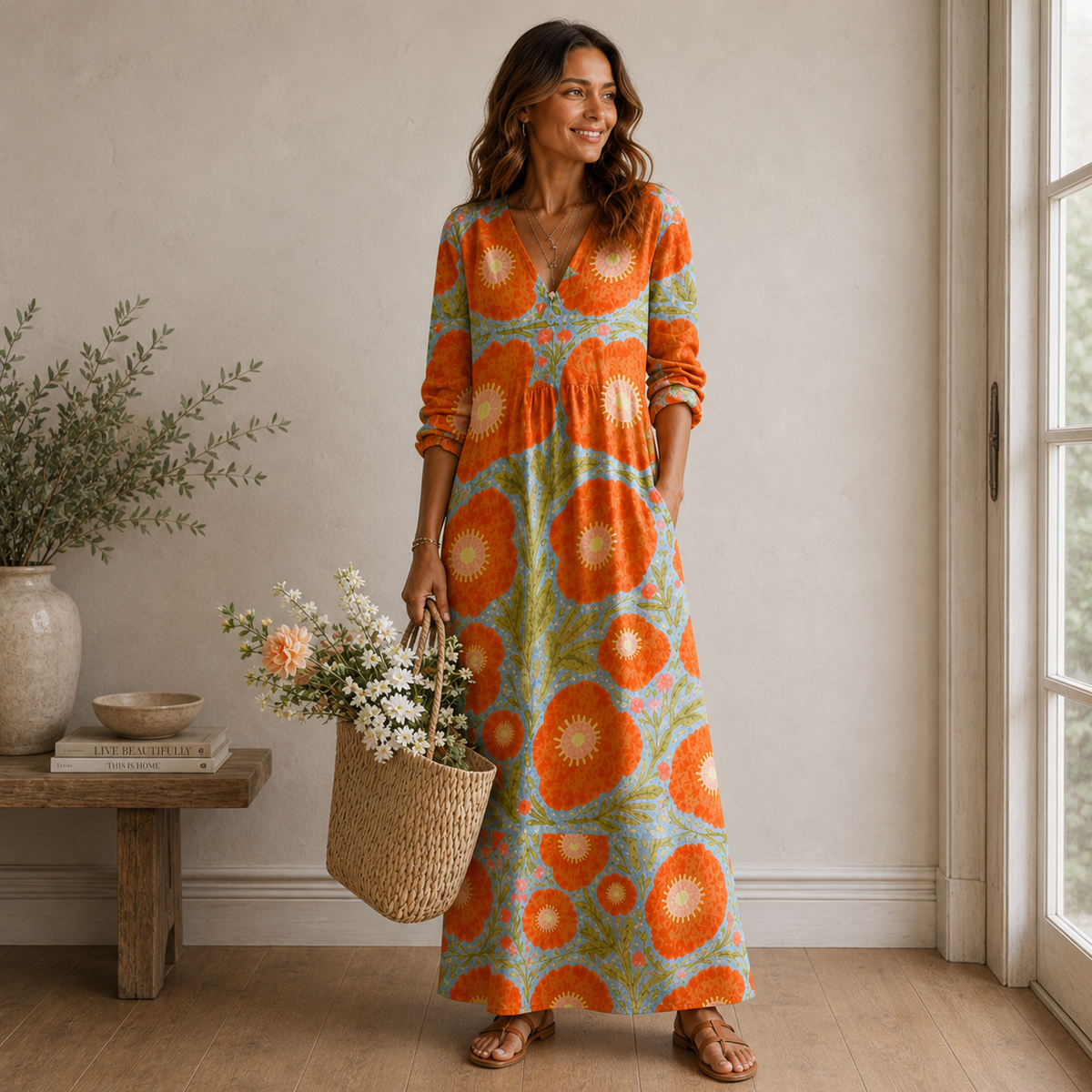 Robe maxi orange à fleurs pour femmes, robe bohème vintage à manches longues