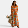 Women's Orange Floral Maxi Dress Vintage Boho Long Sleeve Dress
