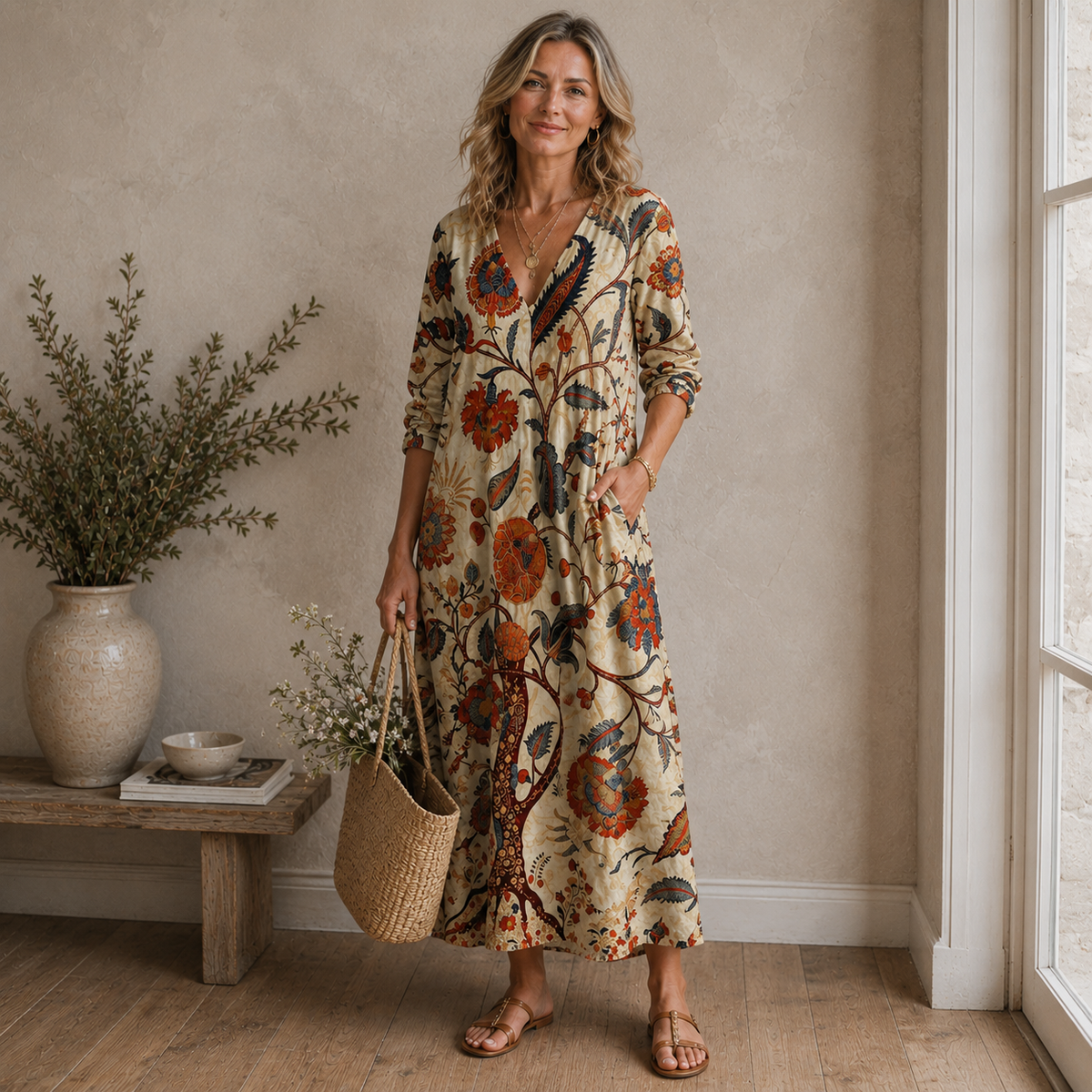Women's Bohemian Floral Maxi Dress Linen Style