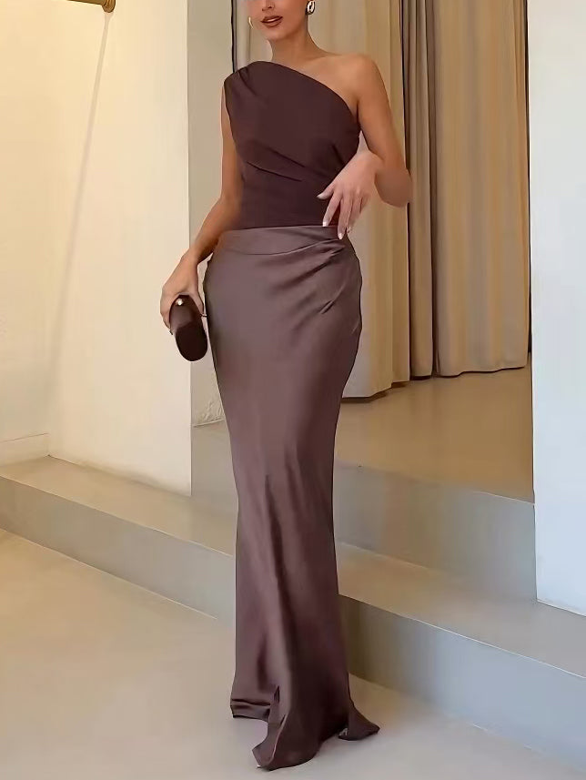 Women’s Elegant One-Shoulder Pleated Maxi Dress for Formal Events