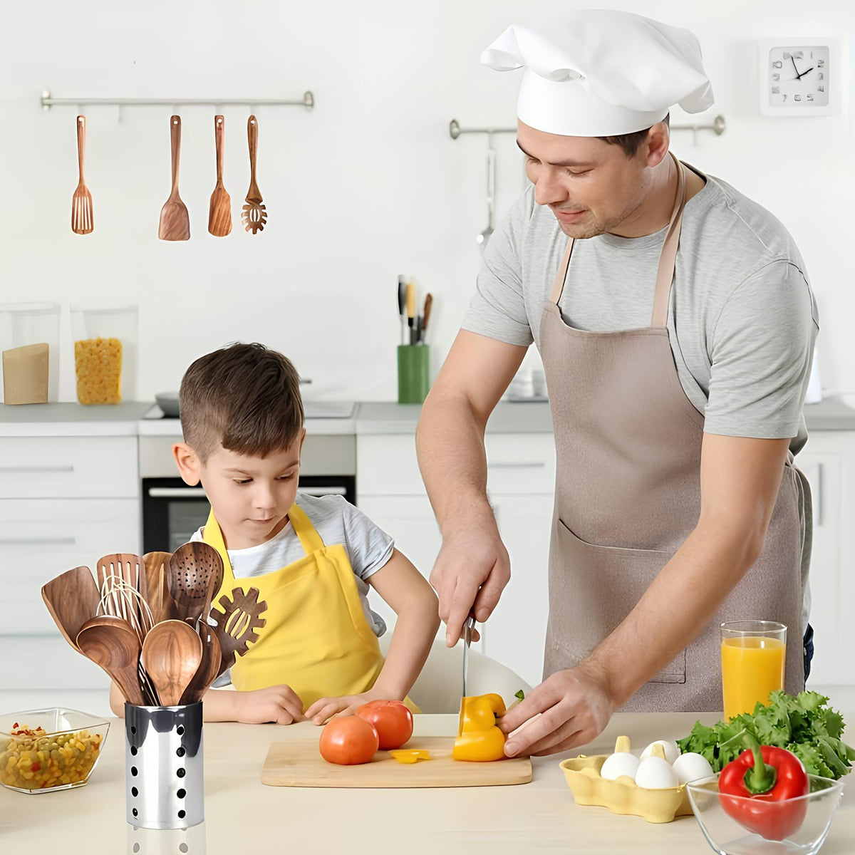 Ensemble de 11 ustensiles de cuisine en teck avec support pratique pour une cuisine élégante et fonctionnelle