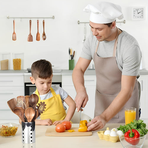 11-Piece Teak Kitchen Utensil Set with Convenient Holder for Stylish and Functional Cooking
