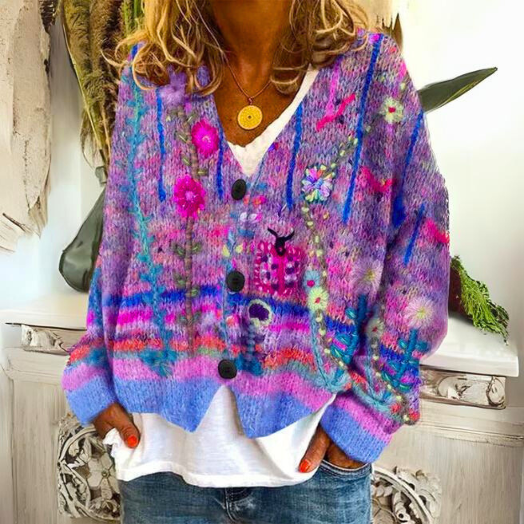 Gilet tricoté fleuri multicolore brodé à col V pour femme