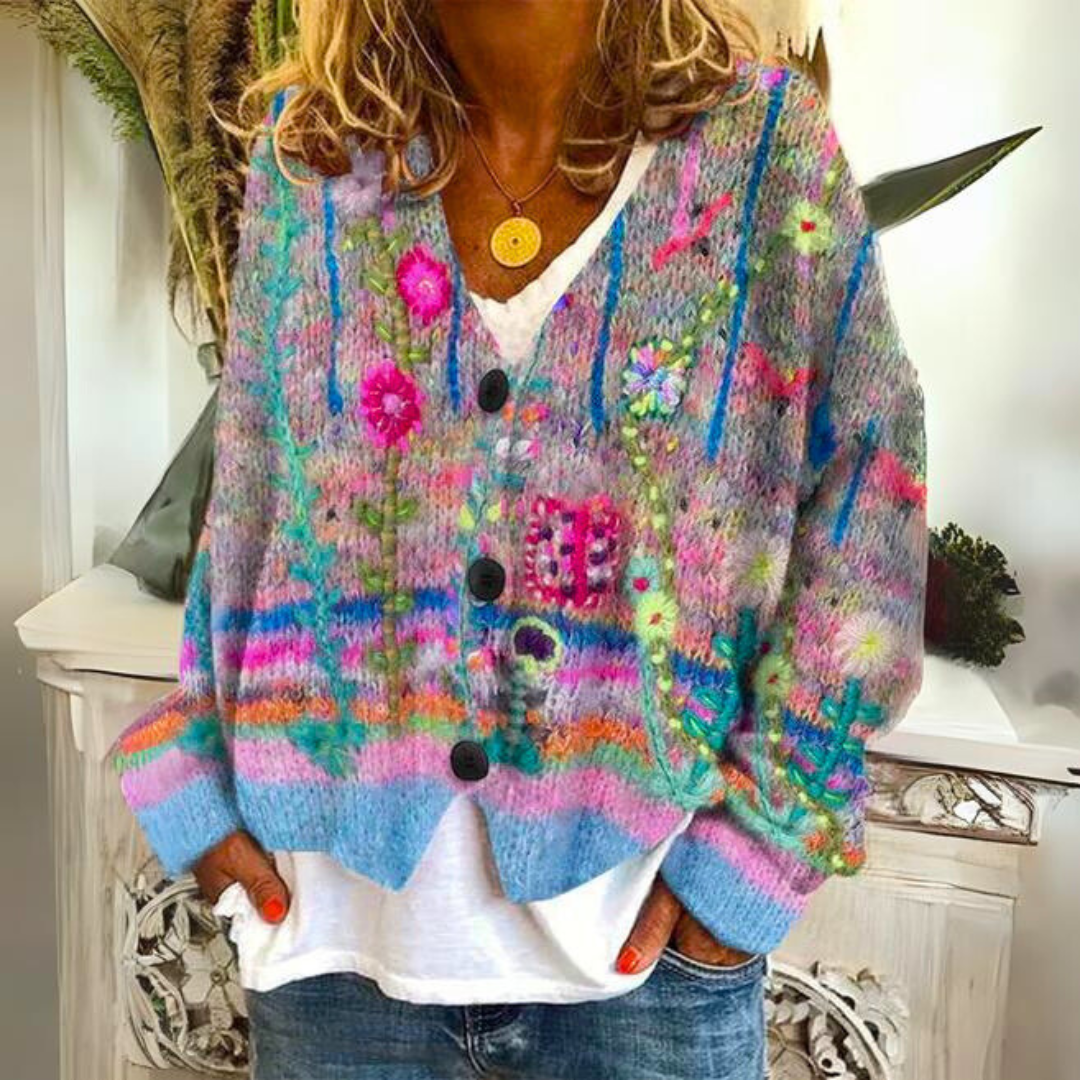 Gilet tricoté fleuri multicolore brodé à col V pour femme