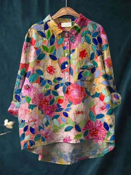 Blouse fleurie boutonnée pour femme, coupe décontractée
