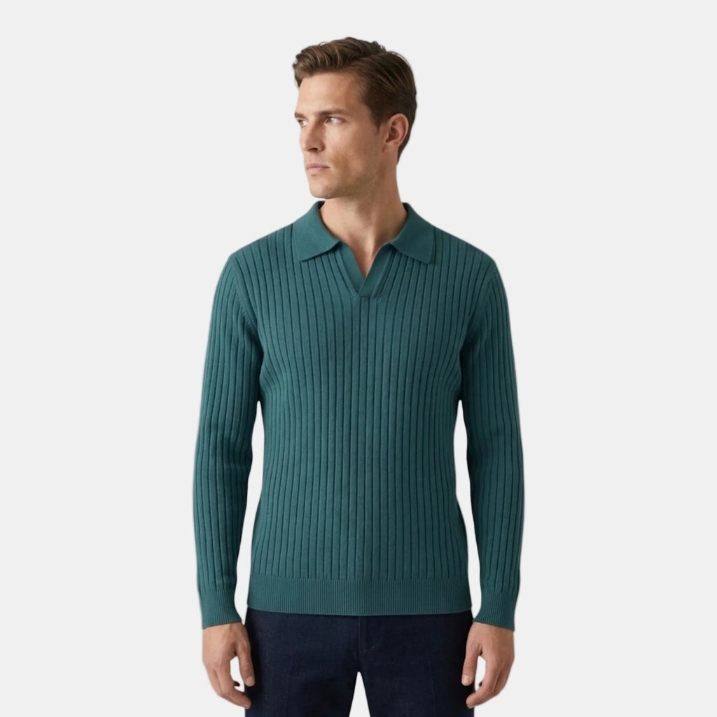Men's Ribbed Knit Polo Sweater with Long Sleeves