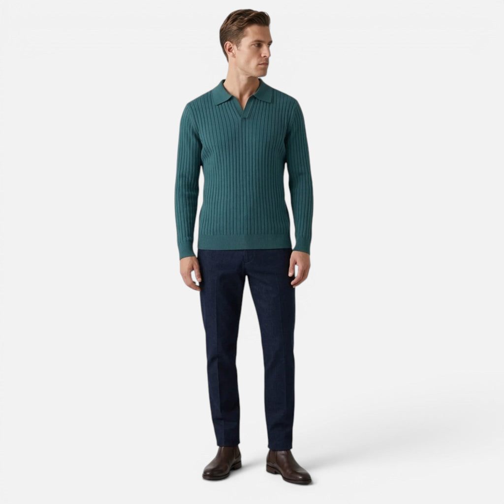 Men's Ribbed Knit Polo Sweater with Long Sleeves