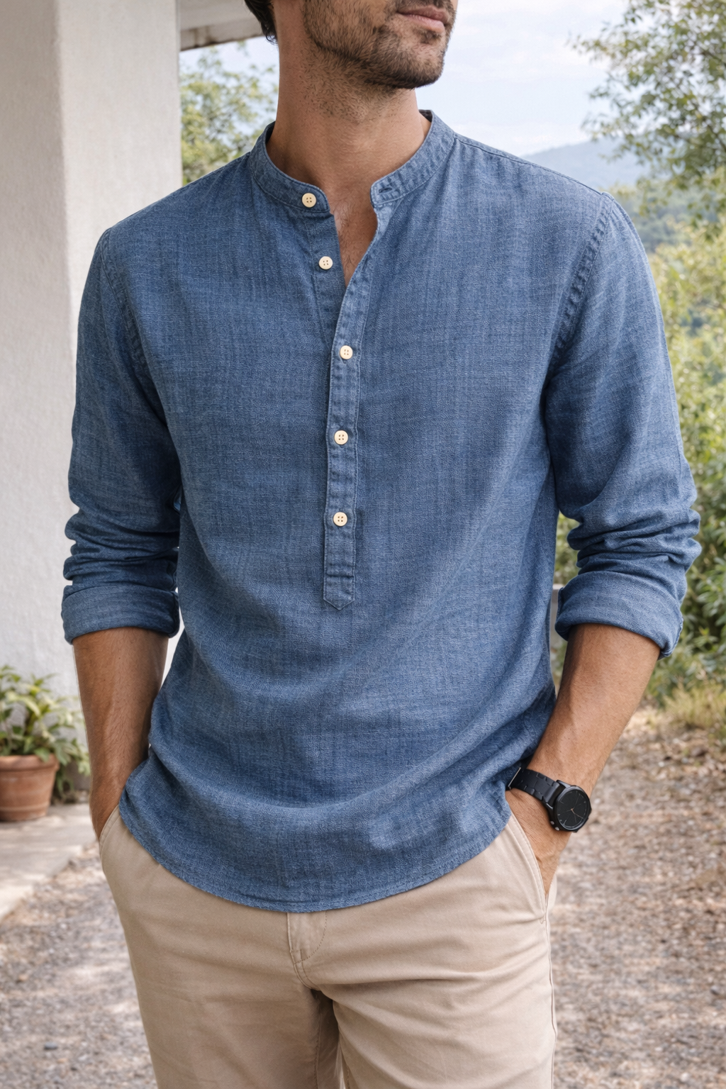 Chemise Henley pour homme avec col montant et patte de boutonnage pour un style décontracté