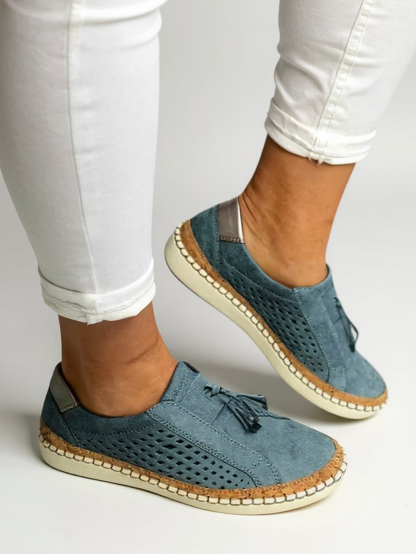 Mocassins à enfiler pour femme avec pompons et semelle rembourrée