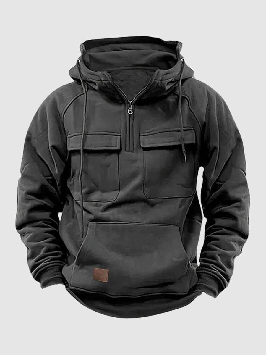 Robust Hooded Sweatshirt for Men with Cargo Pockets and Quarter-Zip Closure