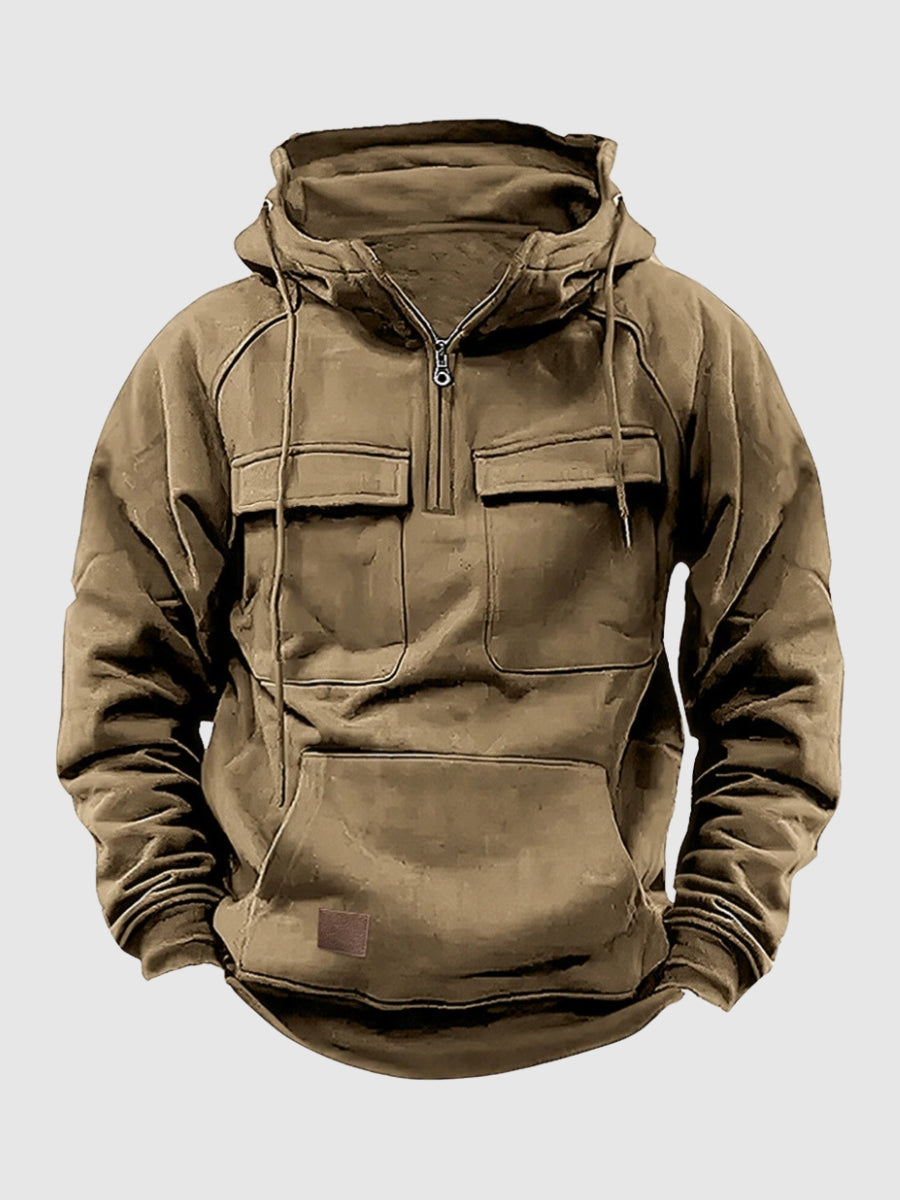 Sweat-shirt à capuche pour homme avec poches cargo et fermeture zippée quart de longueur, alliant praticité et confort au quotidien