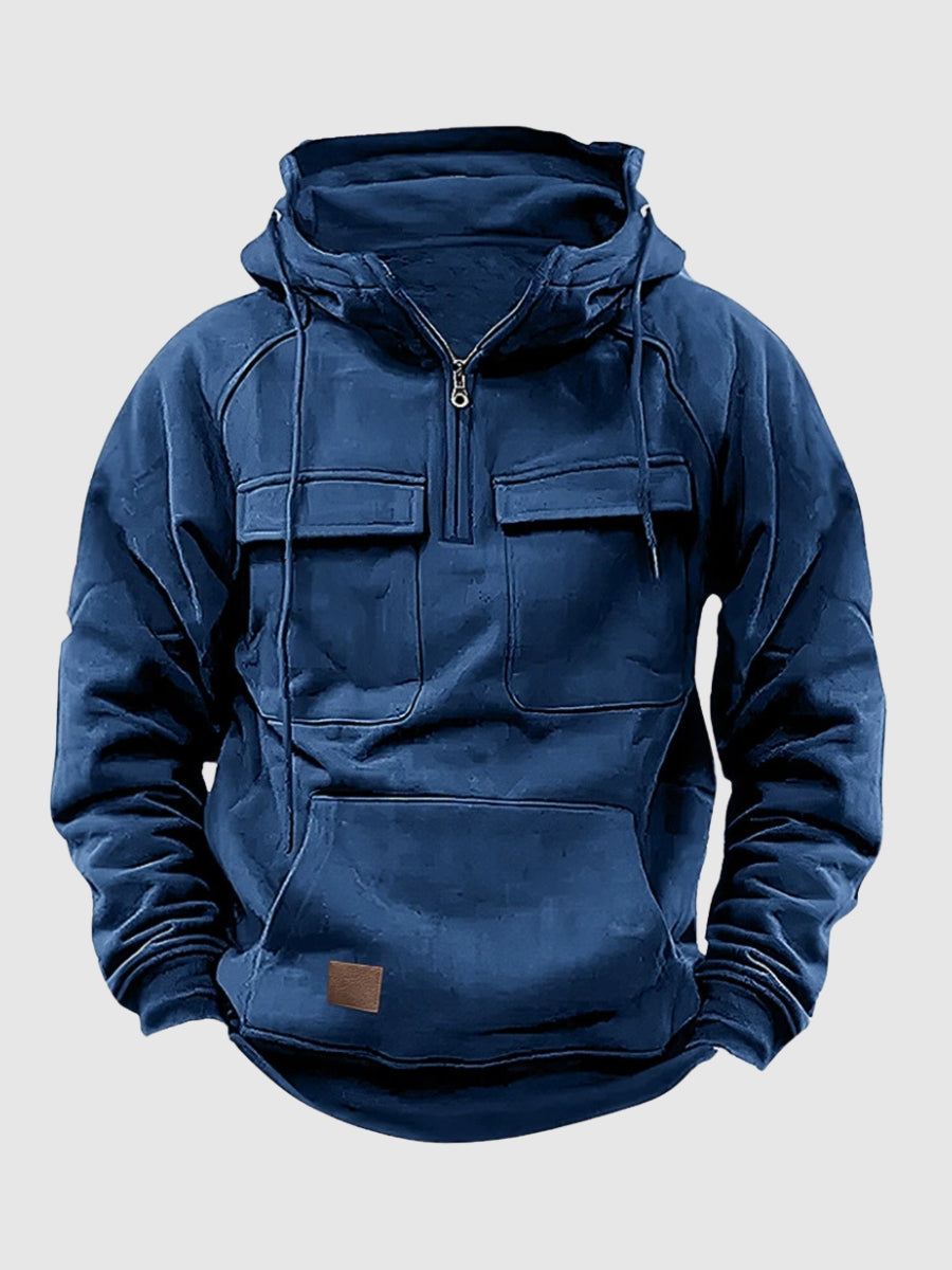 Robust Hooded Sweatshirt for Men with Cargo Pockets and Quarter-Zip Closure