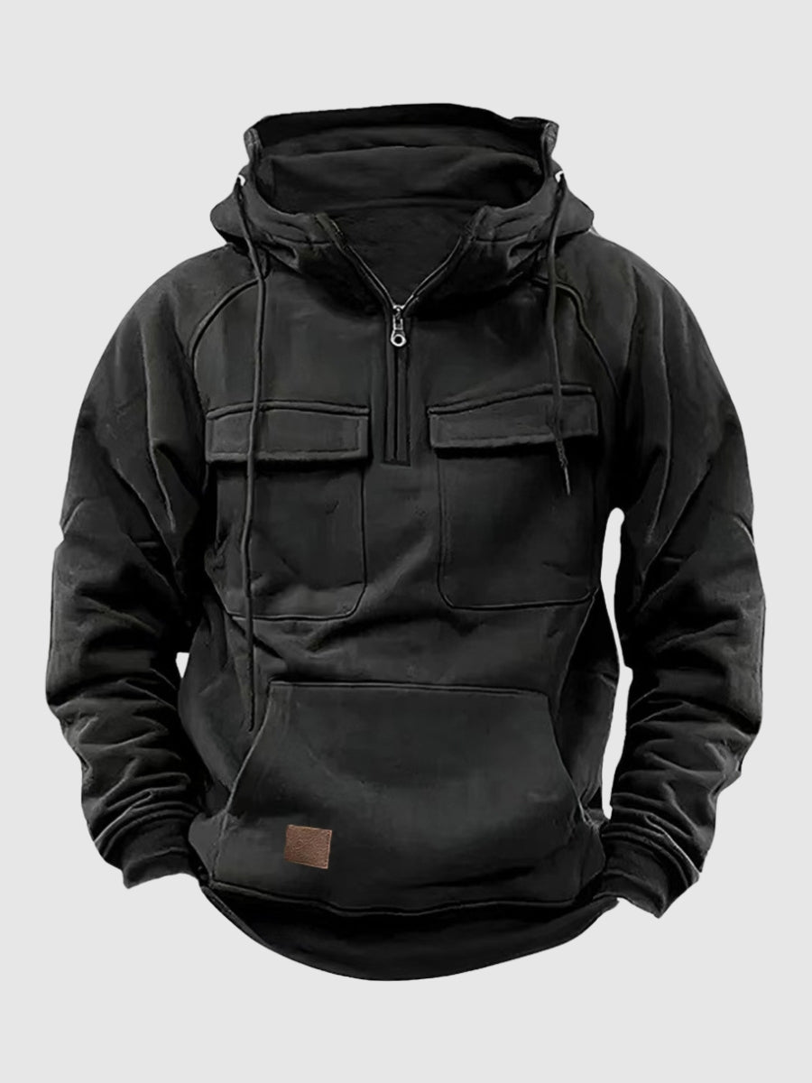 Robust Hooded Sweatshirt for Men with Cargo Pockets and Quarter-Zip Closure