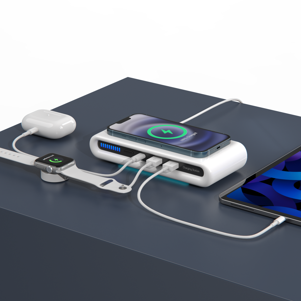 Station de recharge sans fil 4-en-1 pour plusieurs appareils avec ports USB et design compact