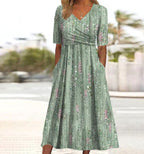 Women's V-Neck Midi Dress with Short Sleeves