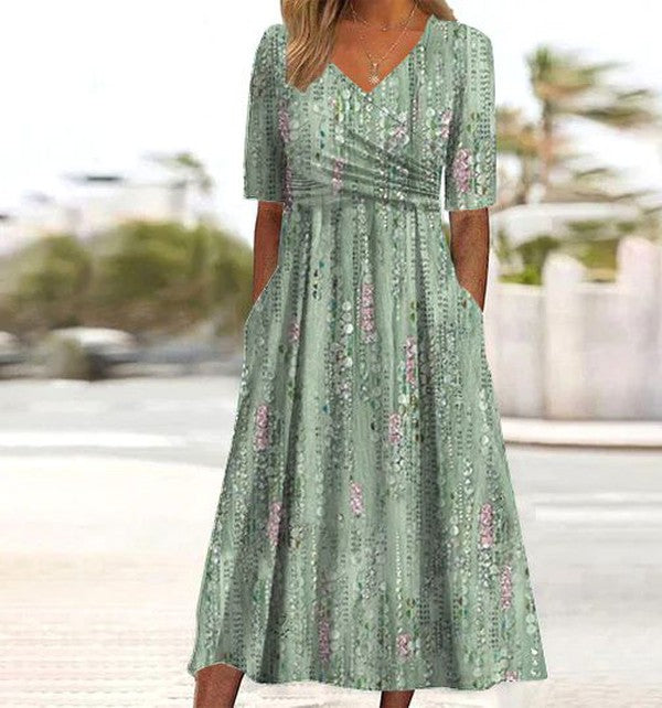Robe midi pour femme à col en V et manches courtes