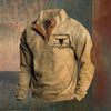 Men's Button Neck Graphic Sweatshirt with Stand Collar and Elbow Patches