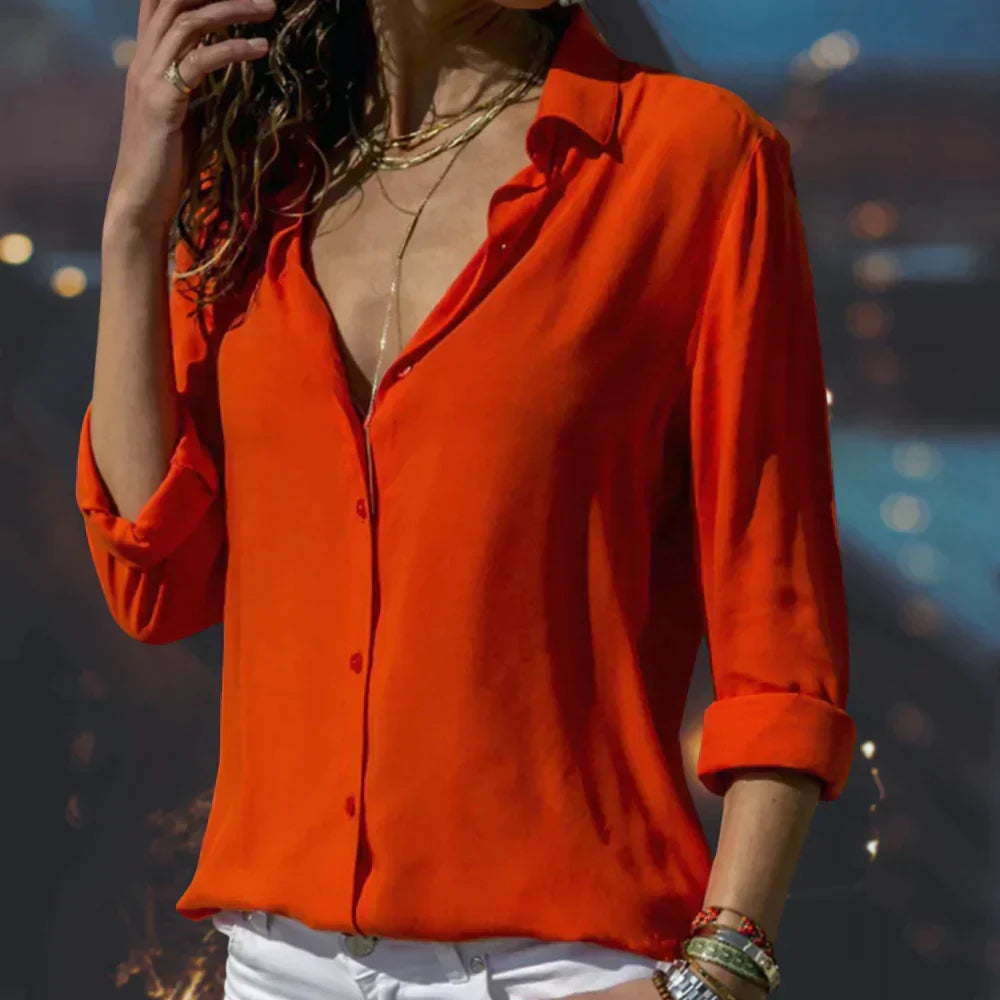 Elegant Satin Look Blouse for Women with Button Closure and Long Sleeves