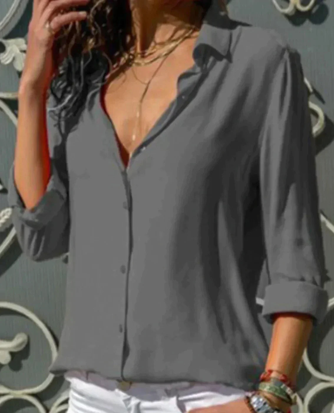 Elegant Satin Look Blouse for Women with Button Closure and Long Sleeves