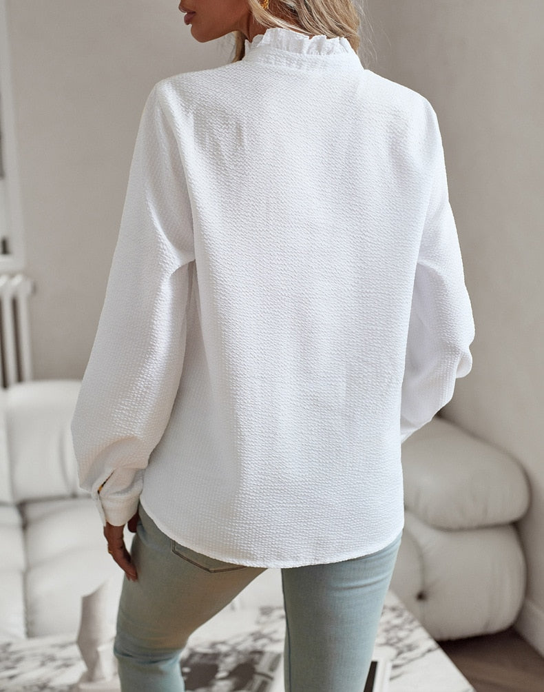 Women's Ruffle Trim Button Front Blouse