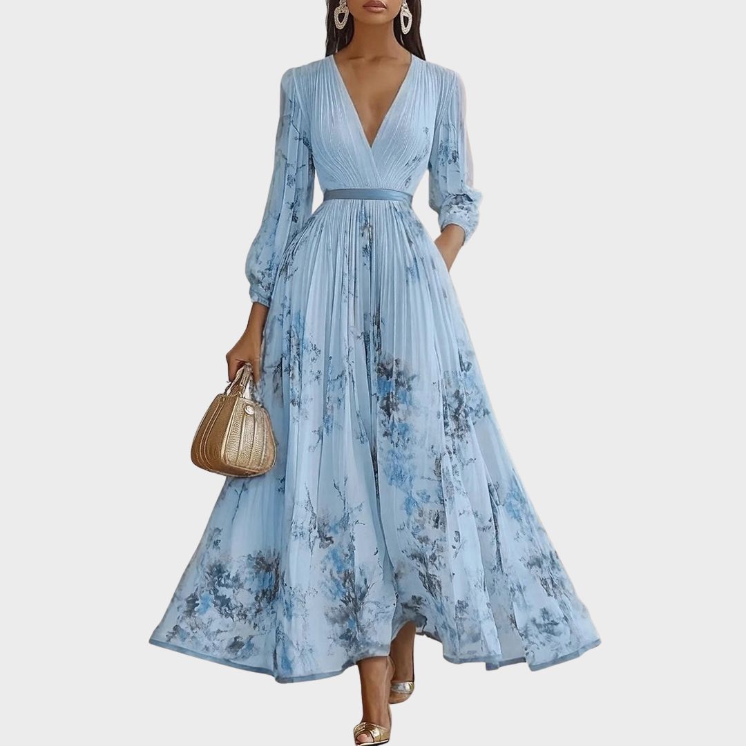 Robe maxi plissée pour femmes, col en V, robe élégante avec ceinture à la taille