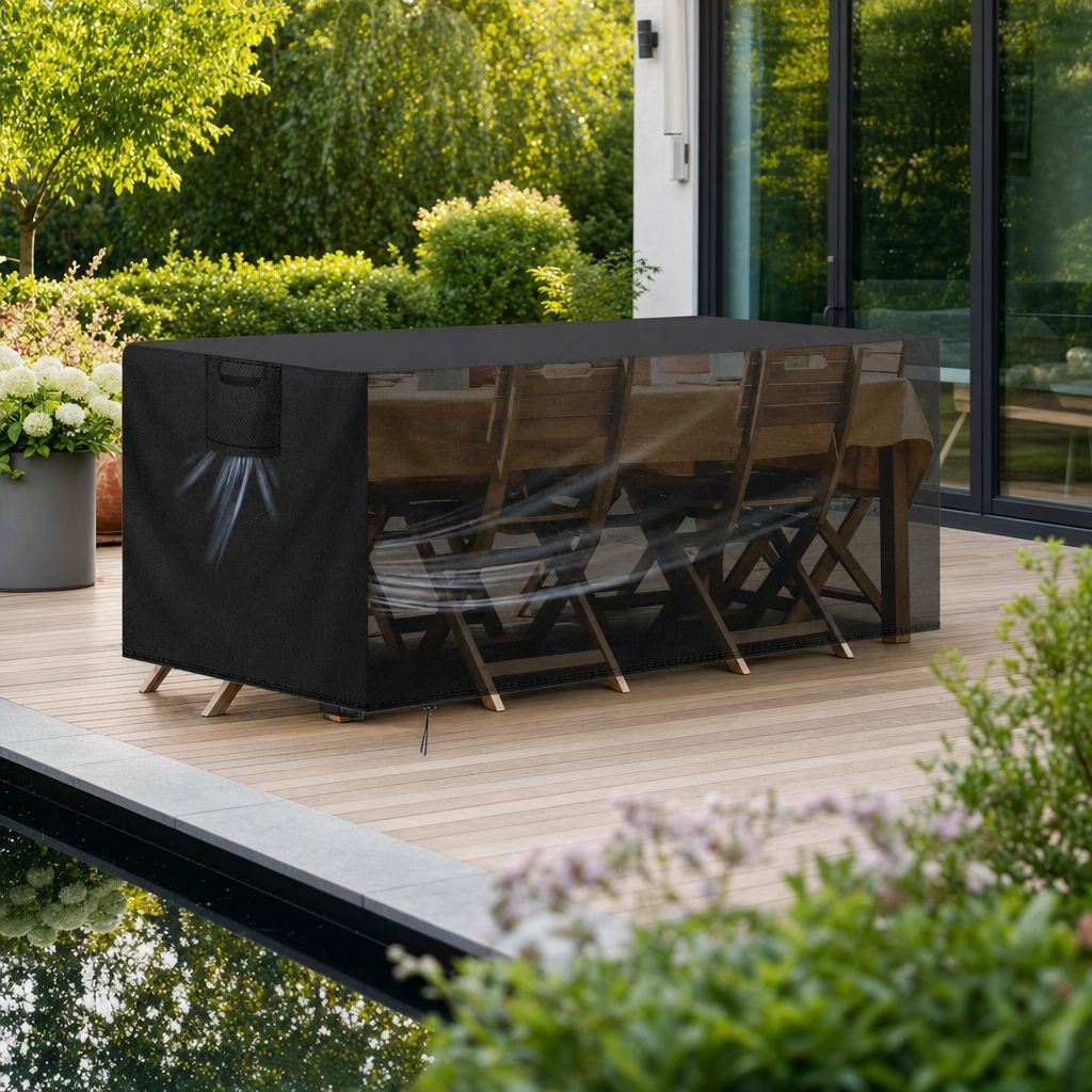 Housse de protection pour mobilier de jardin avec aération et cordon de serrage à la base