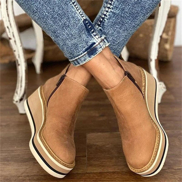 Bottines compensées pour femmes avec semelle plateforme rayée et fermeture éclair latérale