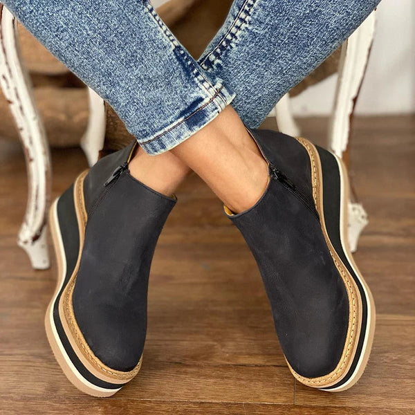 Bottines compensées pour femmes avec semelle plateforme rayée et fermeture éclair latérale