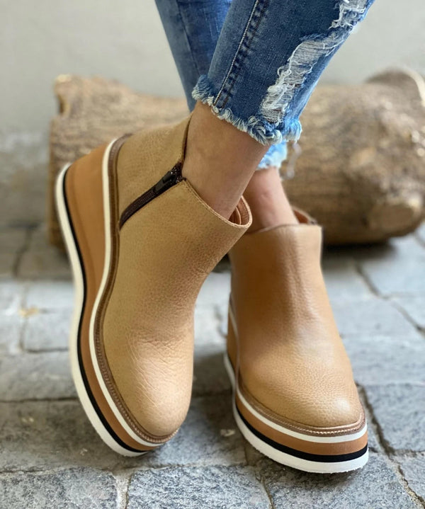 Bottines compensées pour femmes avec semelle plateforme rayée et fermeture éclair latérale