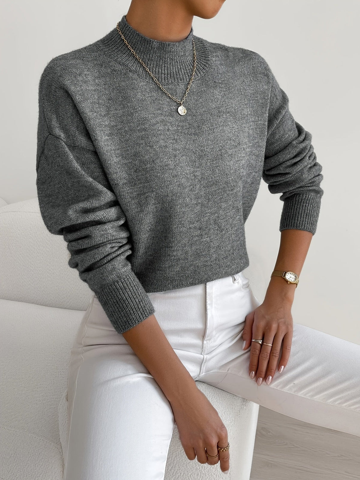 Women's Cozy Mock Neck Sweater with Ribbed Details and Relaxed Fit