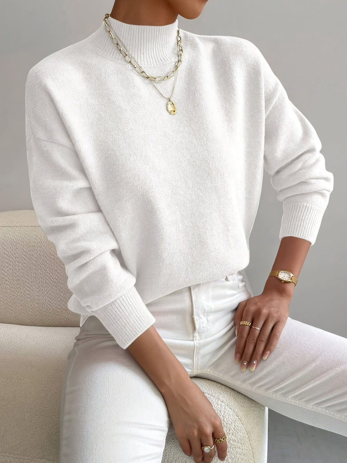 Women's Cozy Mock Neck Sweater with Ribbed Details and Relaxed Fit